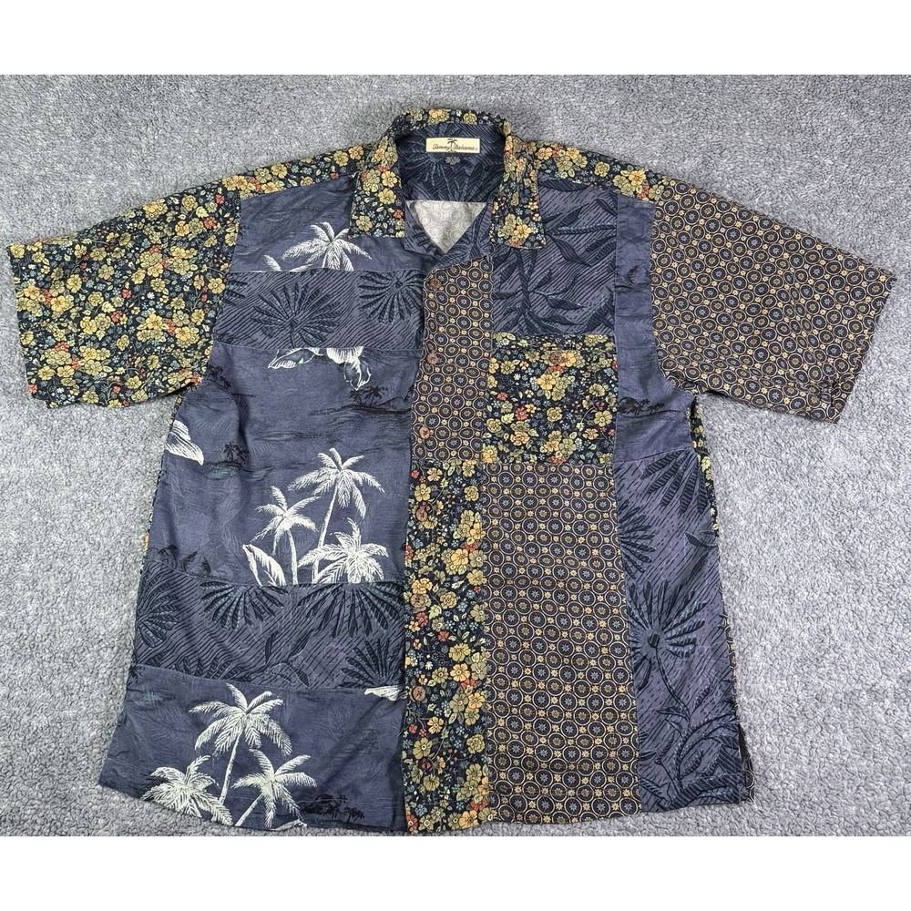 Tommy Bahama Shirt Men's Large 100% Silk Relax Patchwork Hawaiian Floral Camp